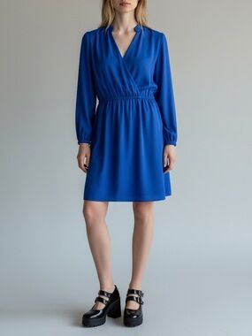 ALLOY Blue Shiny Deep V-Neck Sheath Midi Dress with Bishop Sleeves